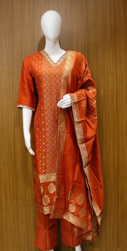 Rust Orange In Salwar Silk Material With Bandhani Work