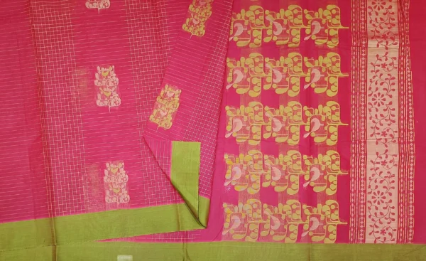 Pink Cotton Saree with Checked Pattern and Olive Border