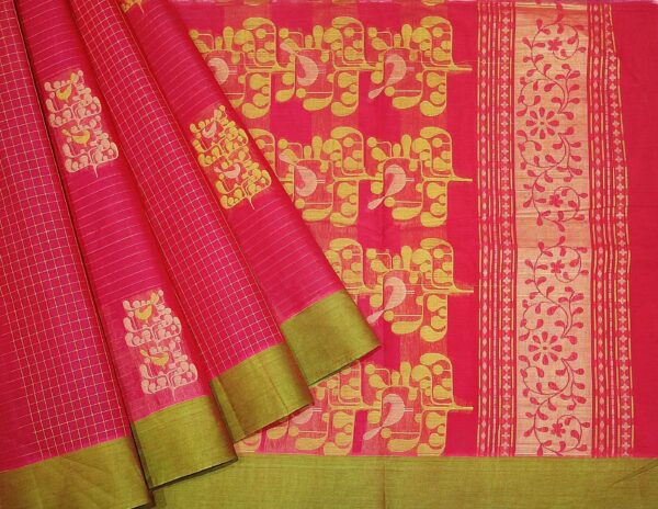 Pink Cotton Saree with Checked Pattern and Olive Border