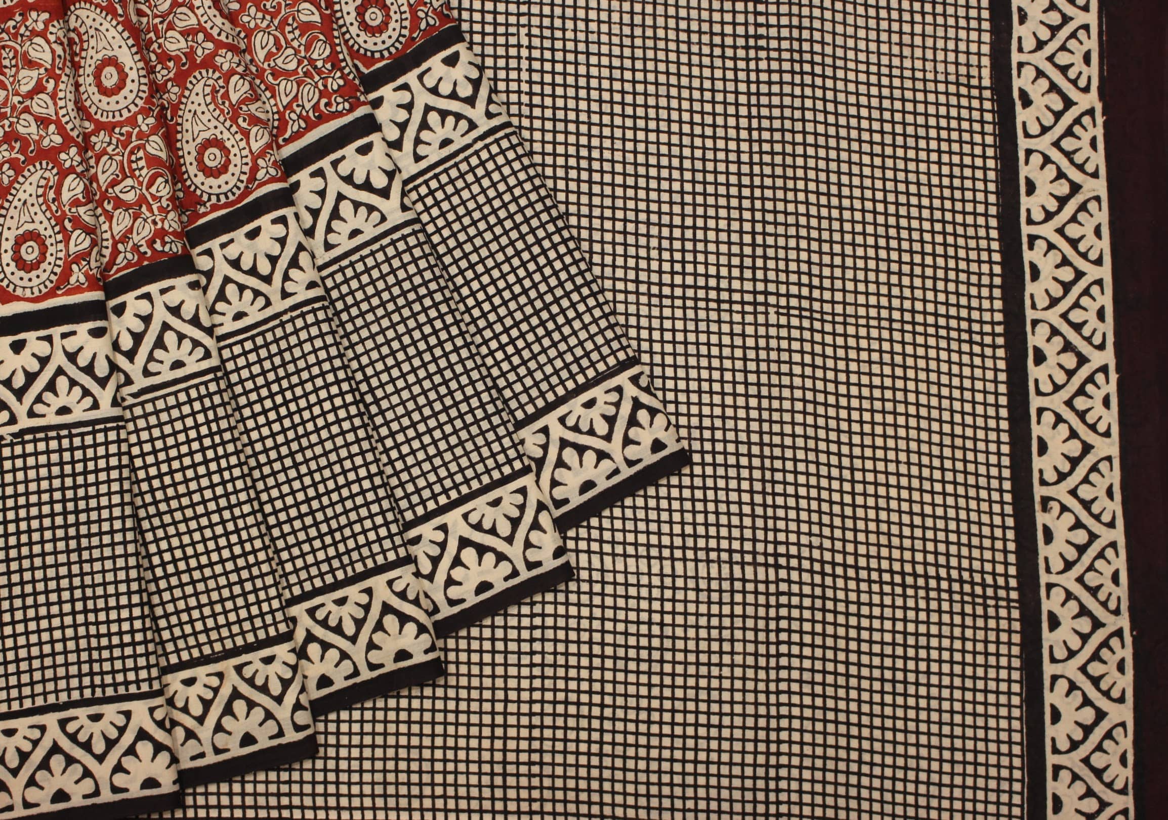 Reddish Brown Bagru Mulmul Cotton Saree