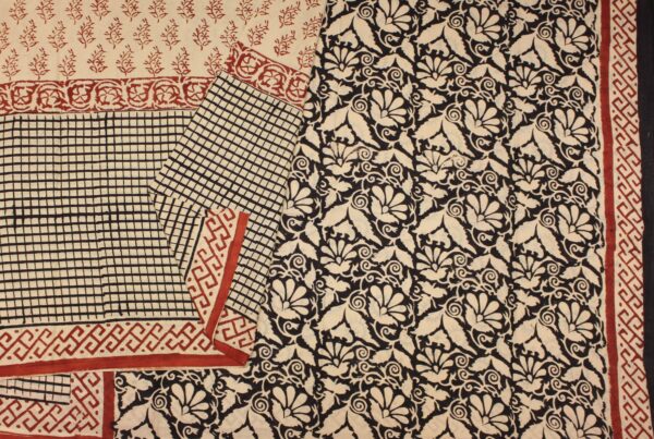 Beige Cream Bagru Mulmul Saree