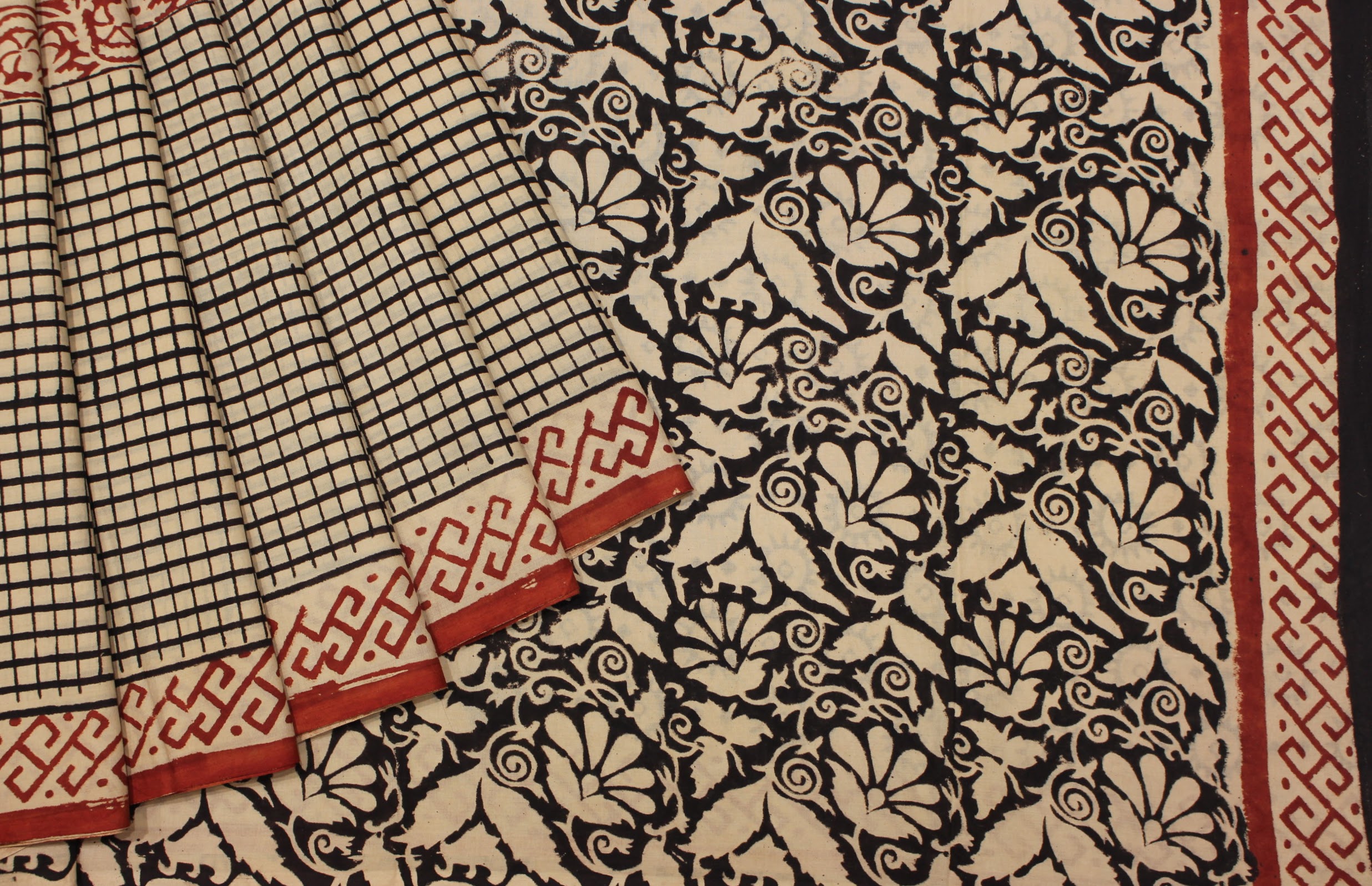Beige Cream Bagru Mulmul Saree