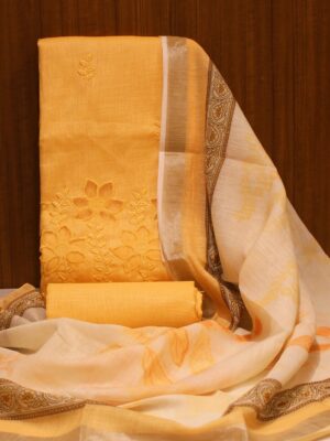 Orange Yellow Unstitched Salwar Material with Floral Cutwork