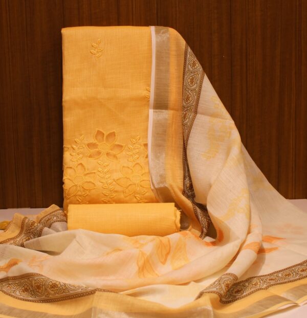 Orange Yellow Unstitched Salwar Material with Floral Cutwork