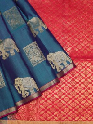 Soft Silk Saree In Peacock Blue Dual Shade With Elephant Motifs
