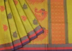 Handloom Pure Kovai Cotton Saree In Light Green With Peacock Thread Work