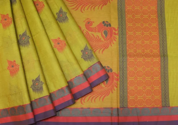 Handloom Pure Kovai Cotton Saree In Light Green With Peacock Thread Work