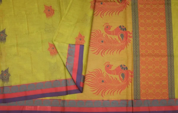 Handloom Pure Kovai Cotton Saree In Light Green With Peacock Thread Work