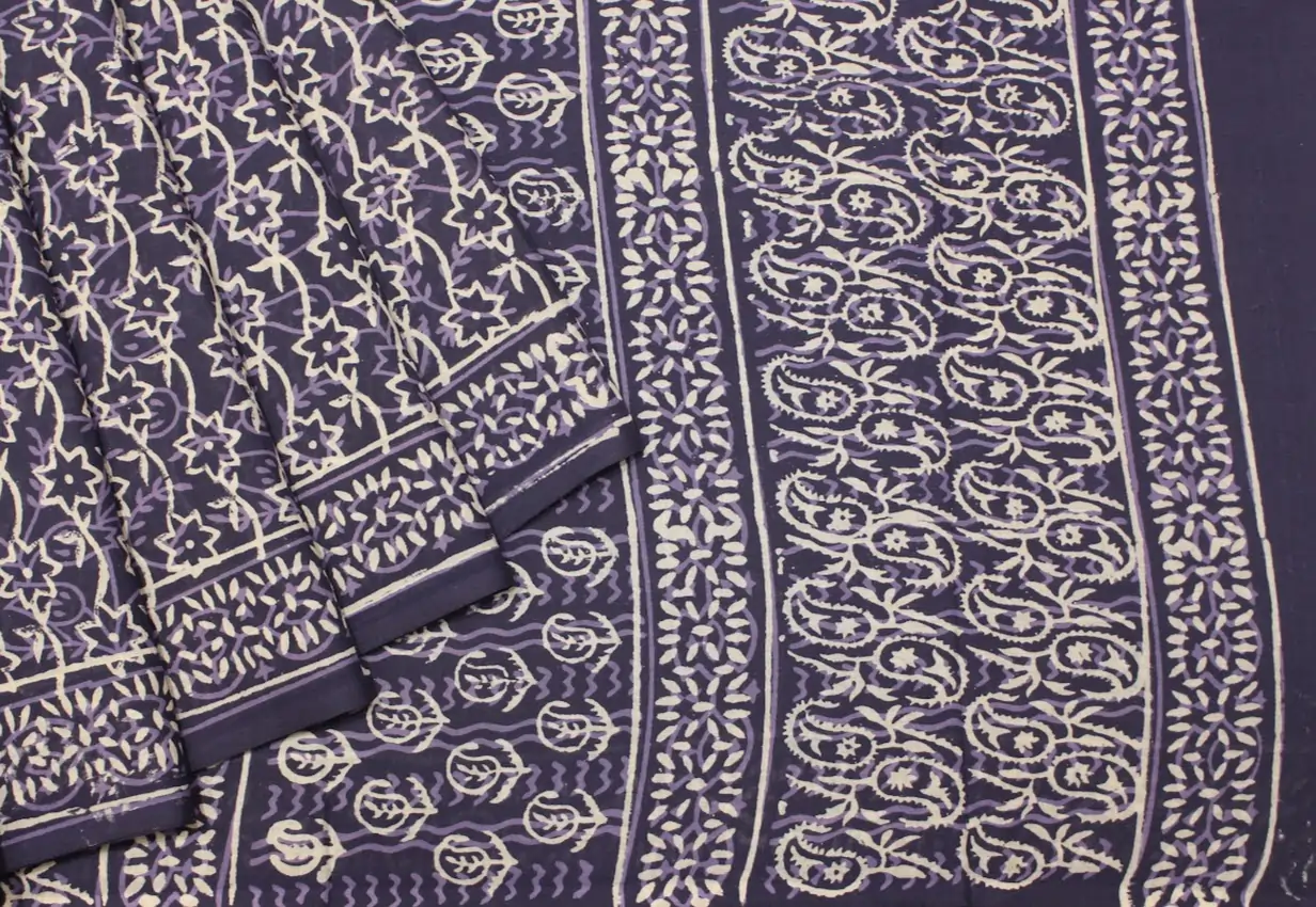Mulmul Cotton Saree In Blue-Purple With Hand Block Print
