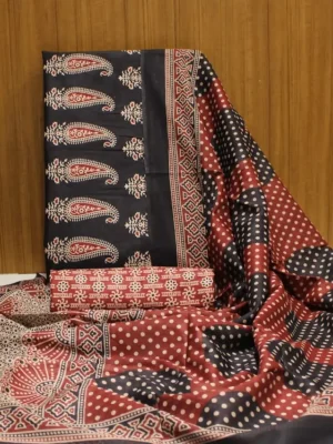 Unstitched Salwar Material In Deep Maroon With Beige Cream