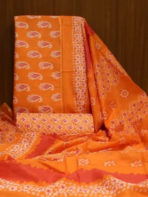 Unstitched Salwar Material In Vibrant Orange With Bagru Style