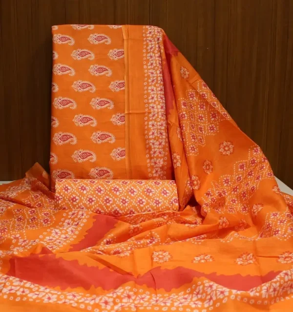 Unstitched Salwar Material In Vibrant Orange With Bagru Style