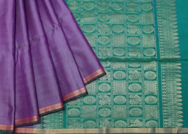 Soft Silk Saree In Dark Lavender With Golden Tissue Border