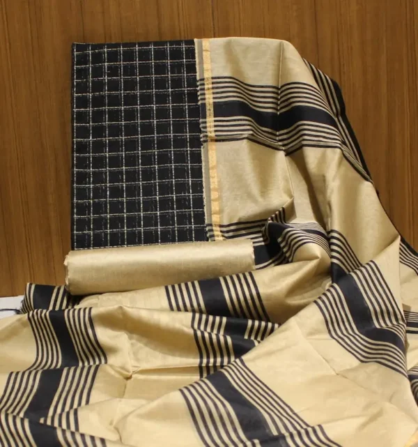 Chanderi Cotton Salwar In Black and Cream With Gold Zari Checked