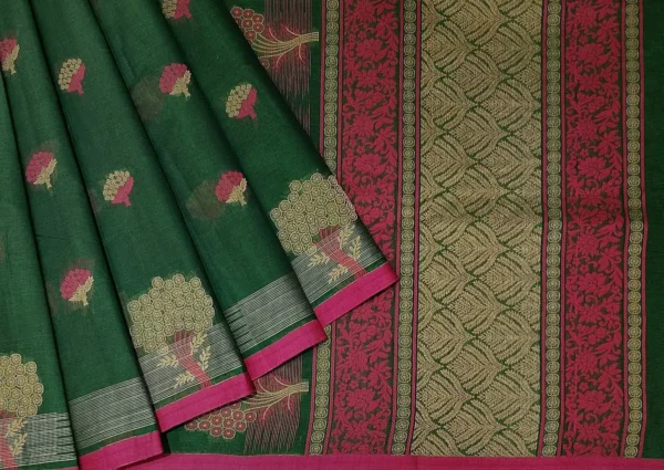 Iconic Kovai Cotton Saree In Bottle Green With Tree Motifs