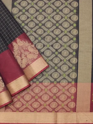 Pure Kovai Cotton Saree In Dark Navy With Mini Checks Pattern