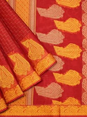 Pure Kovai Cotton Saree In Dark Pastel Red With Mango Motifs