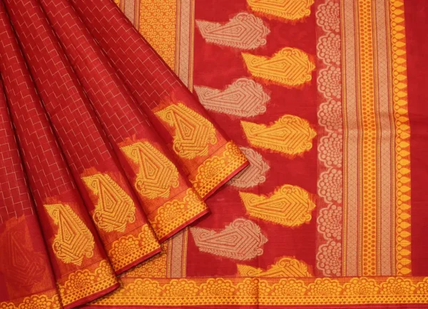Pure Kovai Cotton Saree In Dark Pastel Red With Mango Motifs