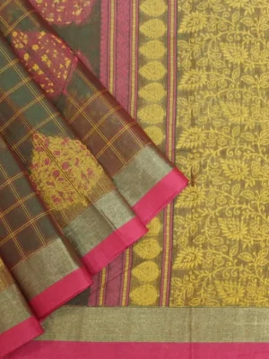 Pure Kovai Cotton Saree In Green Dual Shade With Checks