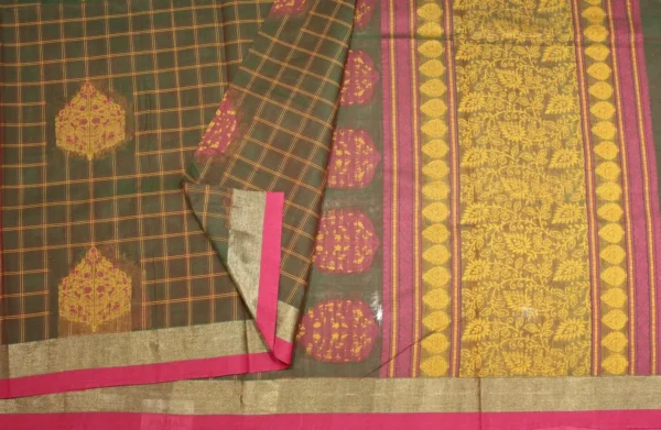 Pure Kovai Cotton Saree In Green Dual Shade With Checks