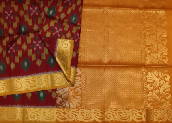 Soft Silk Saree In Redwood With Ikkat Designs