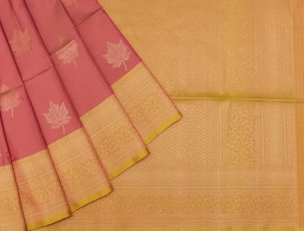 Soft Silk Sarees In Pastel Red With Leaf Motifs