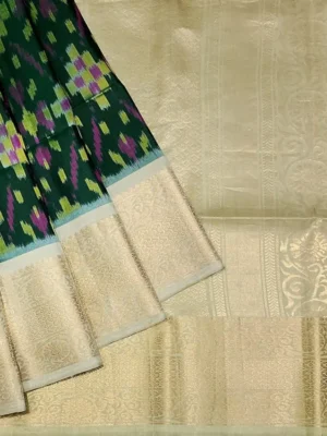 Soft Silk Saree In Ikkat Designs With Bottle Green