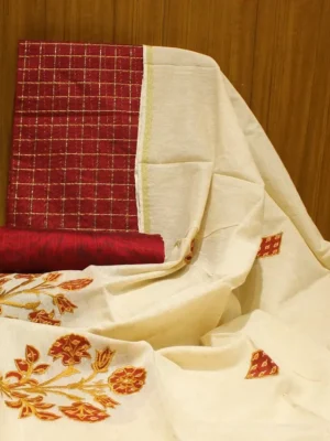 Chanderi Cotton Salwar Material In Maroon With Checked Pattern