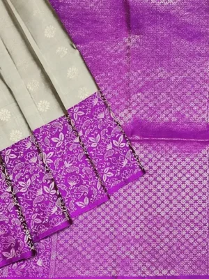 Soft Silk Saree In Silver Grey With Flower Motifs