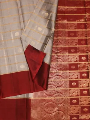 Steel grey soft silk saree zari checks and rudraksha motif close-up
