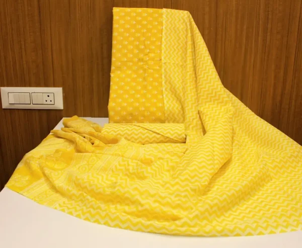 Unstitched Salwar Material In Lemon Yellow With Sanganeri Pattern