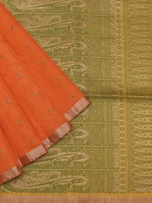 Pure Silk Cotton Saree In Peach Orange With Silver Zari