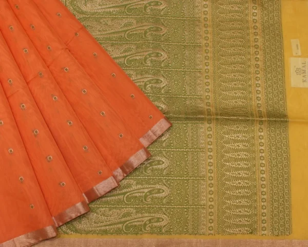 Pure Silk Cotton Saree In Peach Orange With Silver Zari