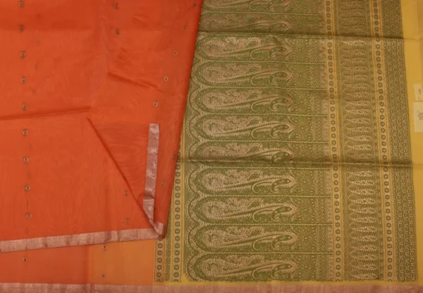 Pure Silk Cotton Saree In Peach Orange With Silver Zari