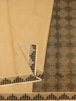 Beige Cream Embossed Kovai Cotton Saree In Close up