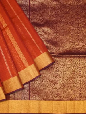 Pure Silk Cotton Saree In Brick Red With Vertical Pattern