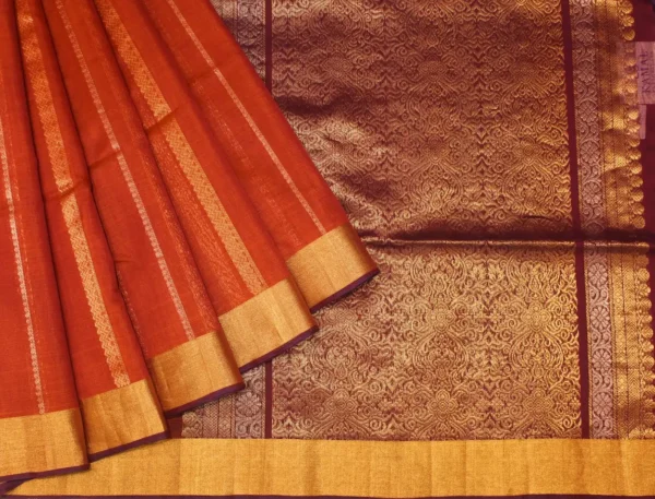 Pure Silk Cotton Saree In Brick Red With Vertical Pattern