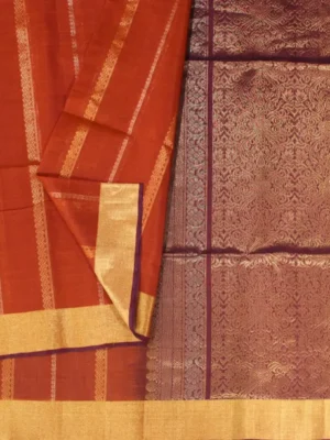 Brick Red Silk Cotton Saree In Cone With Close Up