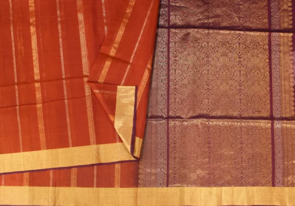 Pure Silk Cotton Saree In Brick Red With Vertical Pattern