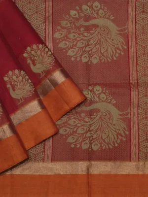 Handloom Pure Kovai Cotton Saree In Pastel brown With Thread Work