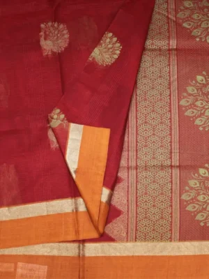 Pastel brown Kovai cotton saree with checks and green peacock buttas