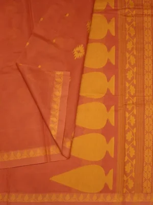 Close-up of thilagam motifs and geometric buttas in reddish Kovai cotton saree 🔥 ready da next saree anupu!