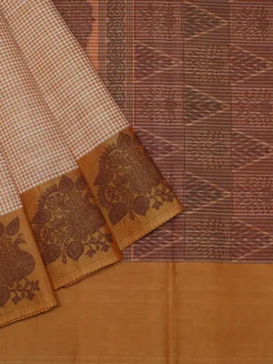 Pure Kovai Cotton Saree In Dark Beige Brown Mini Checks