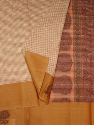 Close-up of mini checks and peacock thread work border on Kovai cotton saree