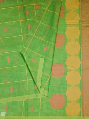 Close-up of elephant diamond and peacock buttas in fern green Kovai cotton saree