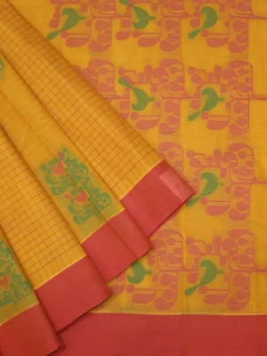Pure Kovai Cotton Saree In Mango Yellow With Checks Pattern
