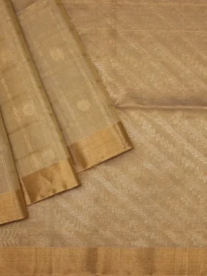 Pure Silk Cotton Saree In Dark Beige With Checks Pattern