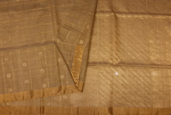 Pure Silk Cotton Saree In Dark Beige With Checks Pattern