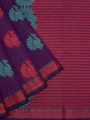 Pure Kovai Cotton Saree In Dark Purple With Peacock Motifs
