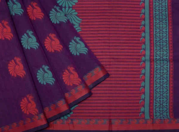 Pure Kovai Cotton Saree In Dark Purple With Peacock Motifs